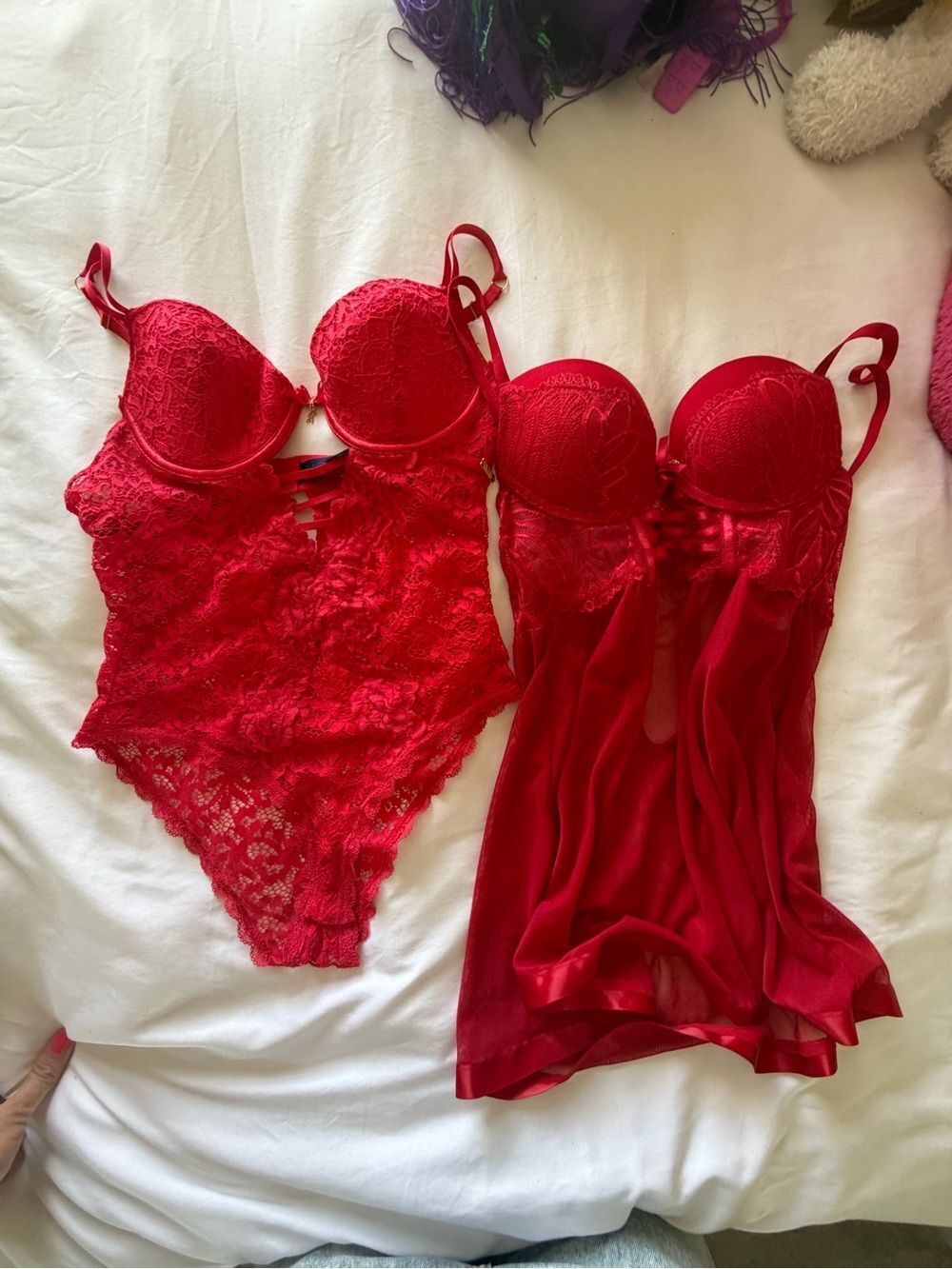 Daisy Fuentes Red Lace Bodysuit and Red Chemise Set